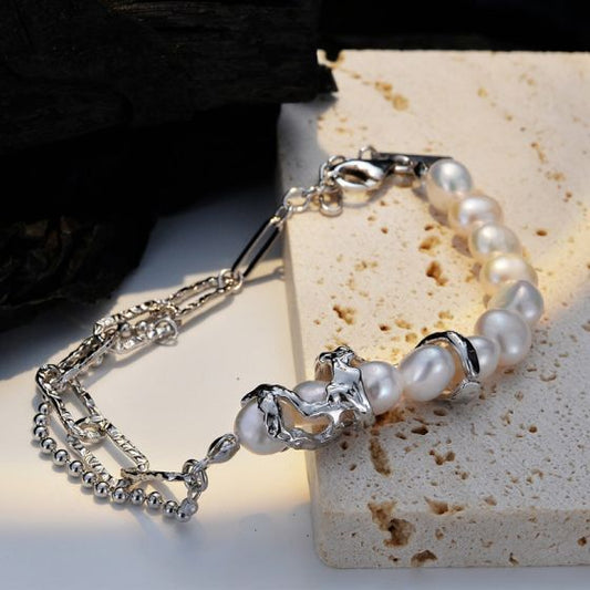Natural Baroque Pearl 925 Sterling Silver Curb Bracelet