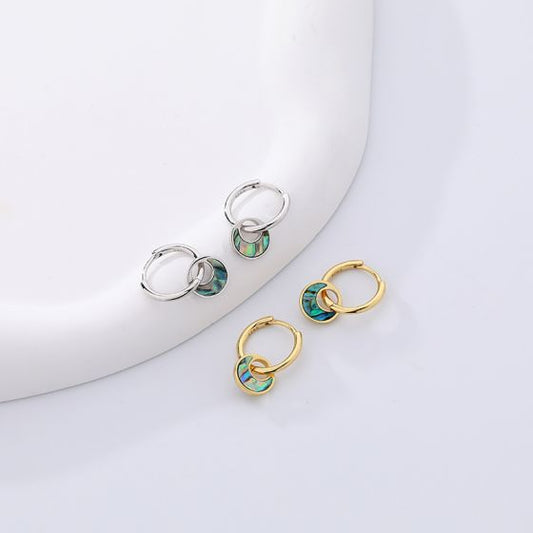 Abalone and Created Turquoise Crescent Hoop Earrings