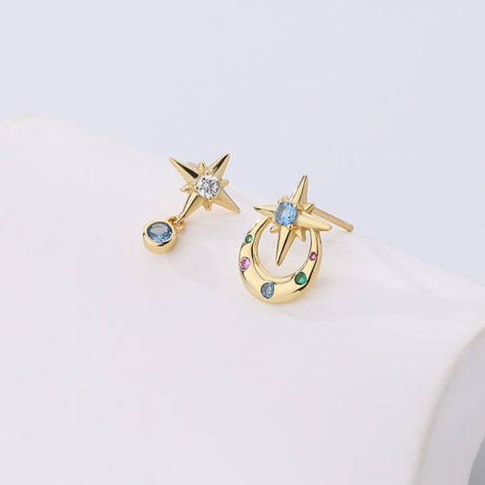Asymmetrical Crescent Moon and Star Stud Earrings