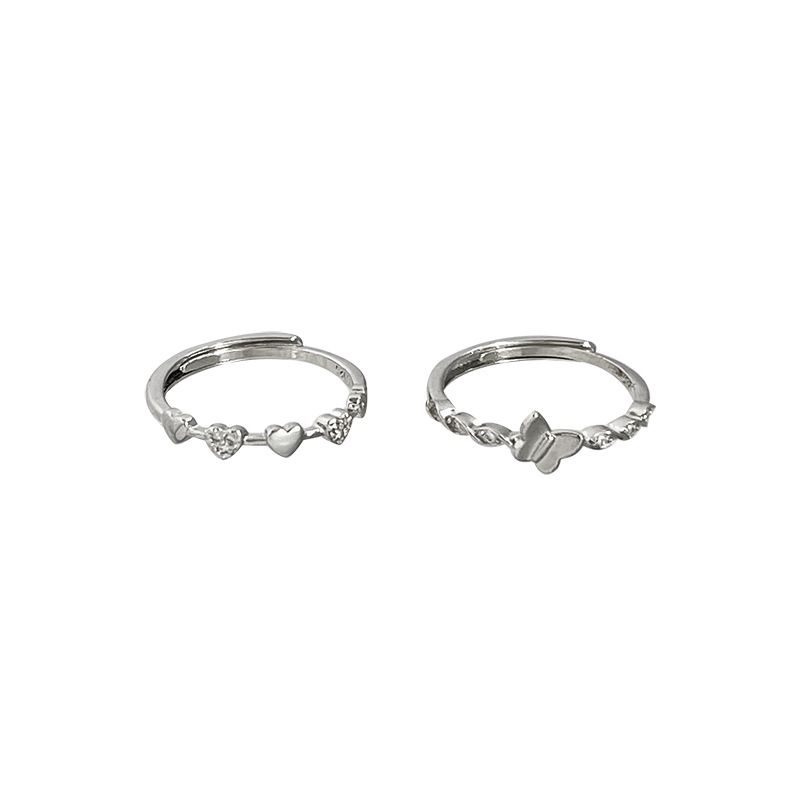 Honey Moon Crystal Heart and Butterfly 925 Sterling Silver Adjustable Ring