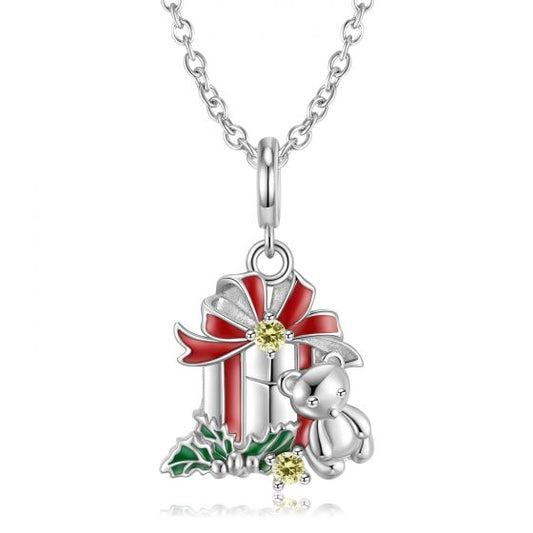 Christmas Bear and Gift Box Cubic Zirconia Pendant Necklace