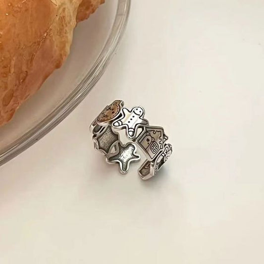 Vintage Graffiti Gingerbread Man Sterling Silver Adjustable Ring