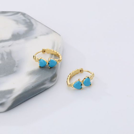 Honey Moon Created Turquoise Heart Sterling Silver Leverback Hoop Earrings