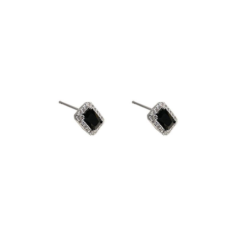 Black Crystal Baguette Geometry Sterling Silver Stud Earrings