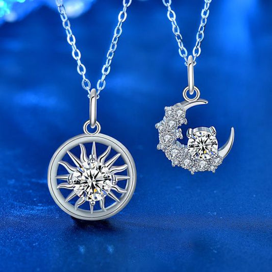 Moissanite Crescent Moon and Sun Necklace, 925 Sterling Silver