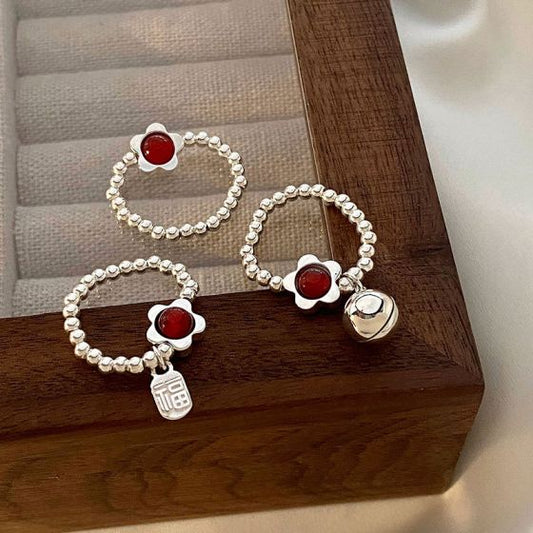 Red Agate Flower Bell Adjustable Sterling Silver Ring