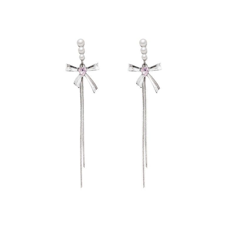 Pink Crystal Heart Bow-Knot Tassel Earrings, 925 Sterling Silver