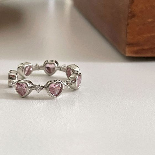 Pink CZ Heart-in-Heart Sterling Silver Adjustable Ring