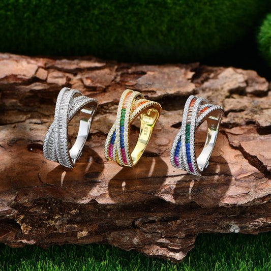 Rainbow CZ Cross 925 Sterling Silver Adjustable Ring