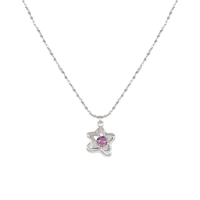 Sweet Pink Crystal Star Flower 925 Sterling Silver Necklace