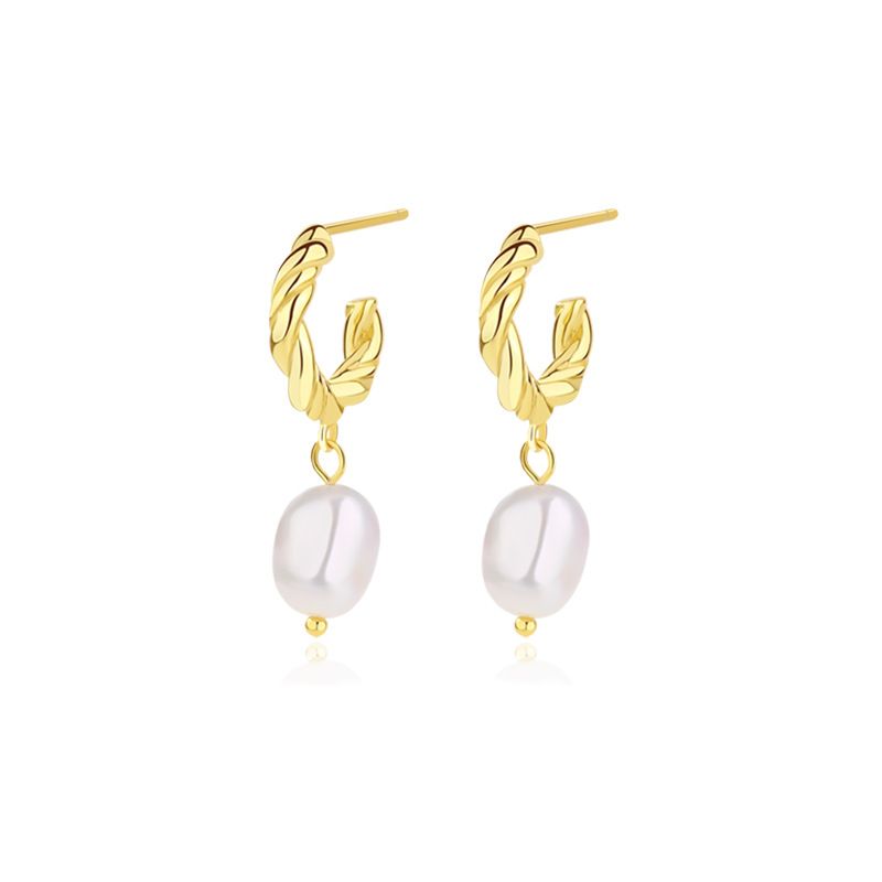 Oval Shell Pearl Twisted C 925 Sterling Silver Dangle Earrings