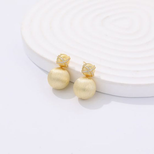 18K Gold-Plated CZ Cross and Round Ball 925 Sterling Silver Stud Earrings