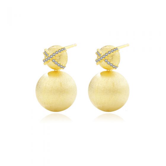 18K Gold-Plated CZ Cross and Round Ball 925 Sterling Silver Stud Earrings