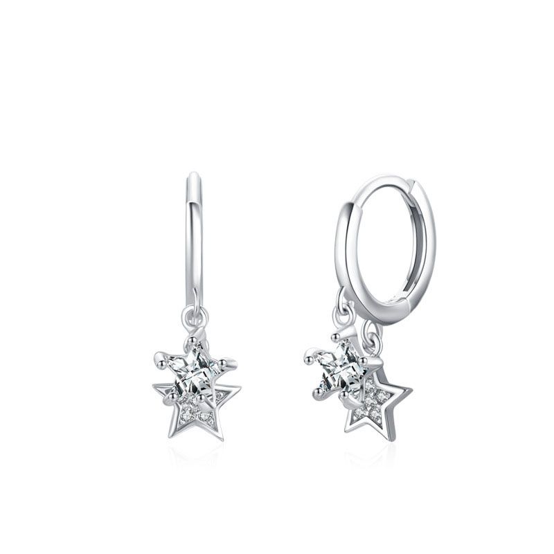 Double Crystal Star 925 Sterling Silver Hoop Earrings