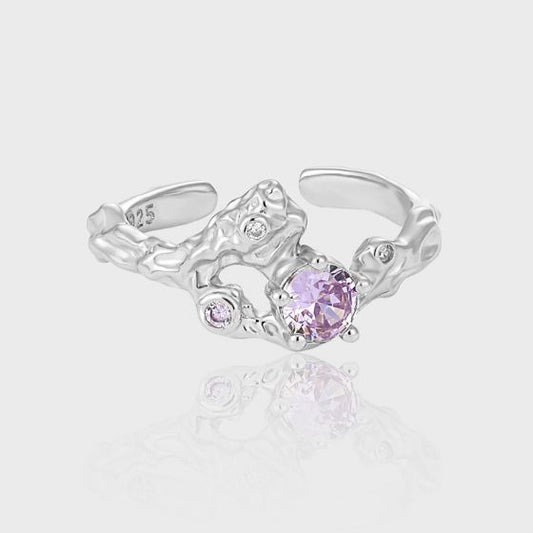 Irregular Round Purple CZ 925 Sterling Silver Adjustable Ring