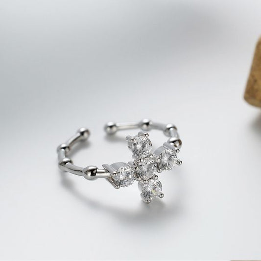 Adjustable Geometric Cross Cubic Zirconia Open Ring in 925 Sterling Silver