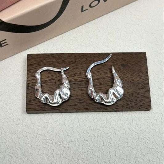 Irregular Folding Bag 925 Sterling Silver Hoop Earrings