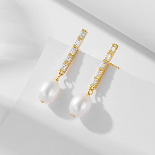 Oval Natural Pearl CZ Dangling Earrings in 925 Sterling Silver