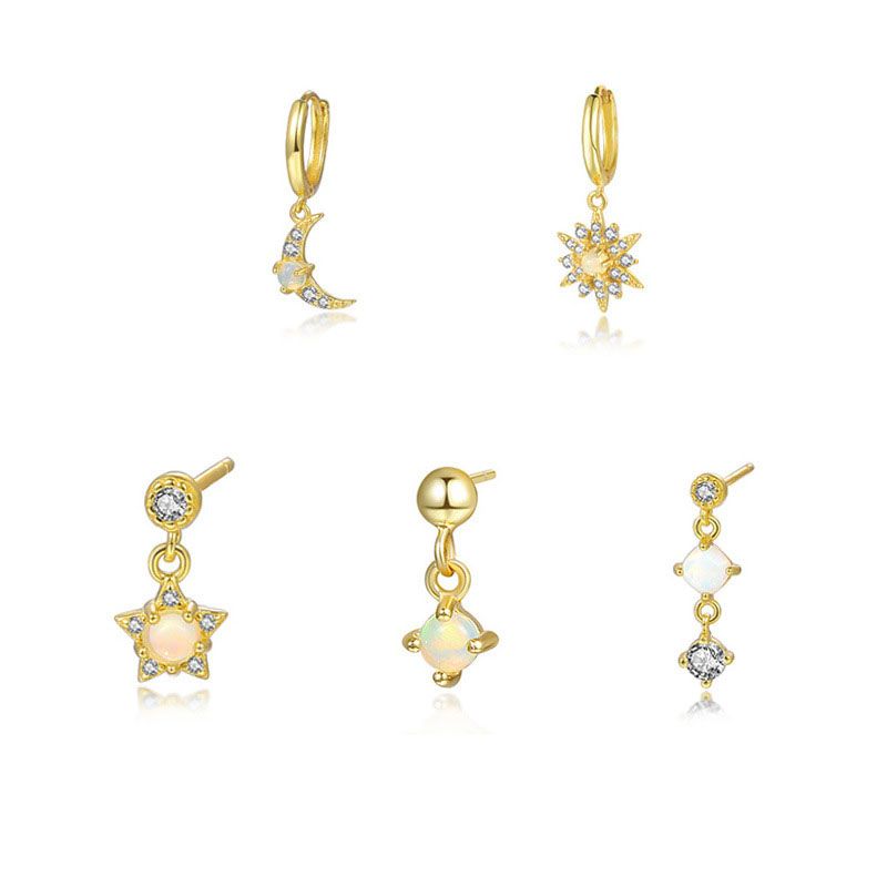 Created Opal Crescent Moon and Stars Single Earring
