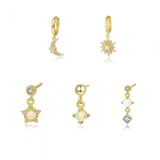 Created Opal Crescent Moon and Stars Single Earring
