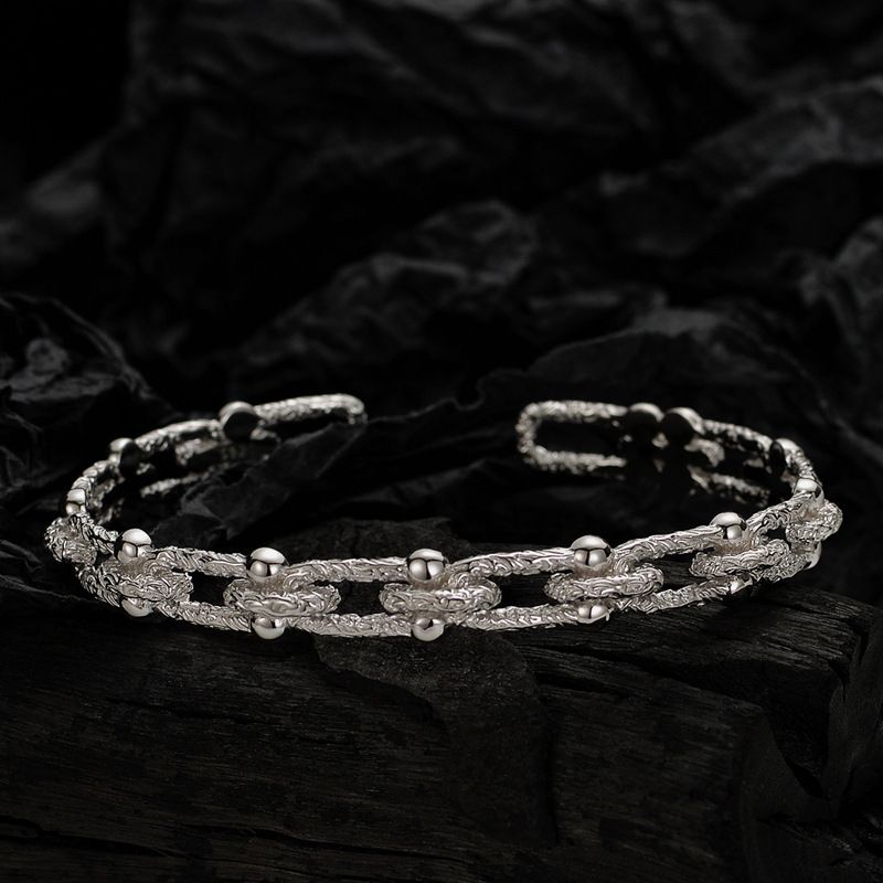 Irregular Pattern 925 Sterling Silver Curb Bead Chain Open Bangle