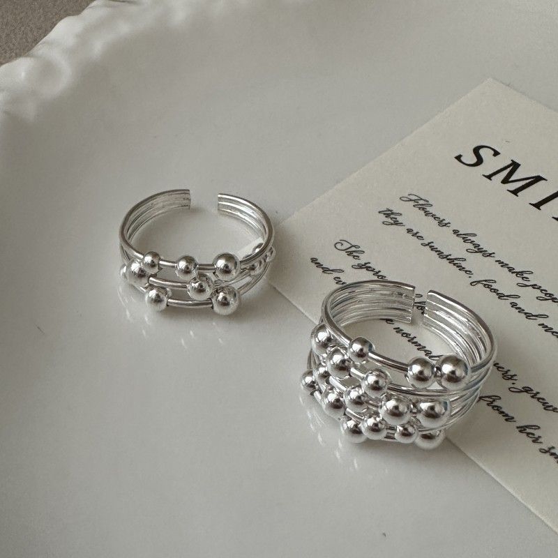 Graduation Multi-Bead Layer 925 Sterling Silver Adjustable Ring