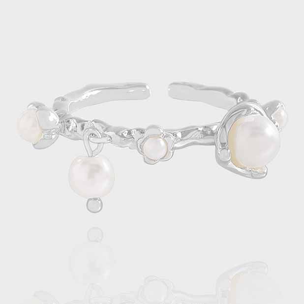 Shell Pearl Flower Adjustable Ring, 925 Sterling Silver