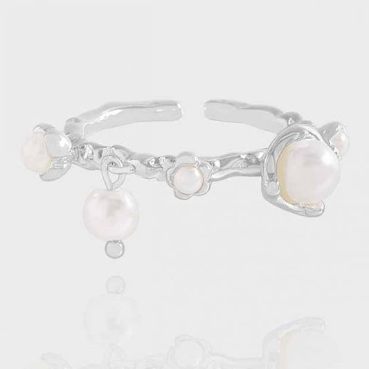 Shell Pearl Flower Adjustable Ring, 925 Sterling Silver