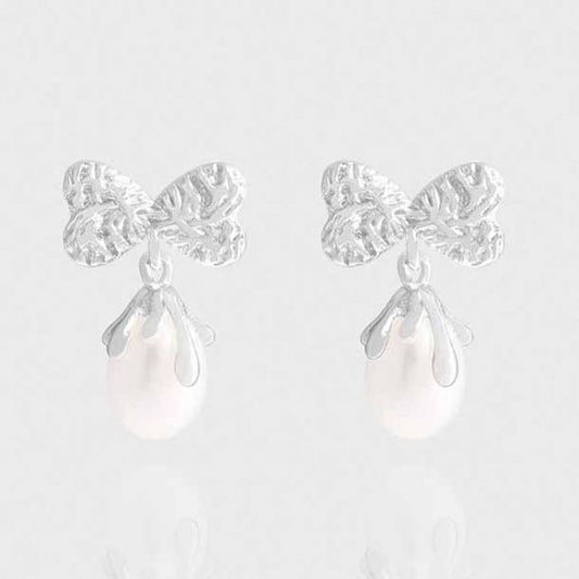 Oval Natural Pearl Bow-Knot Sterling Silver Drop Earrings
