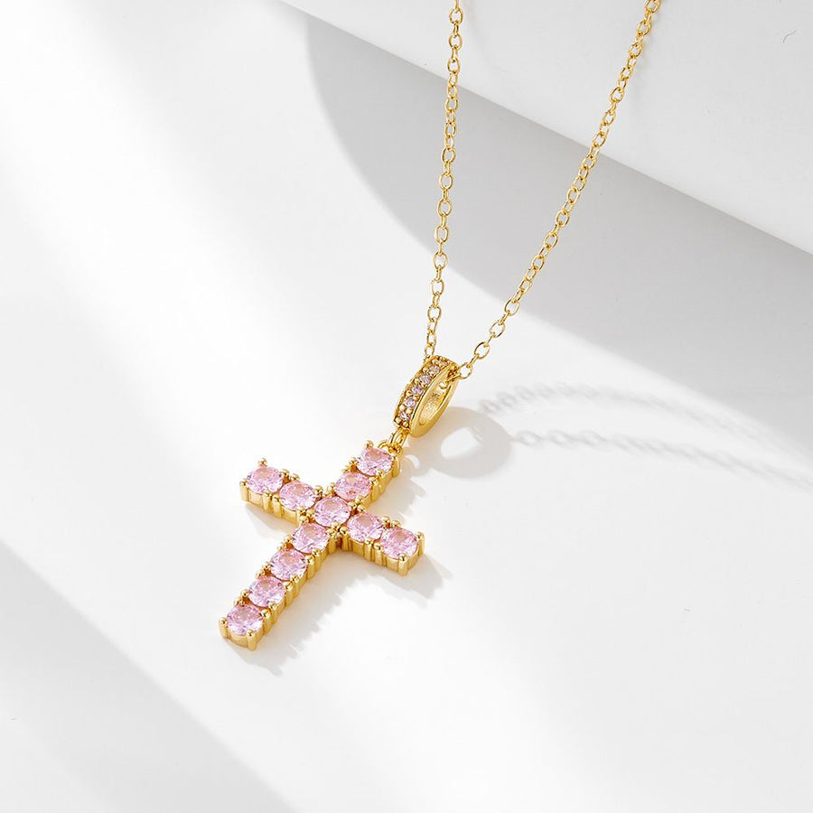Pink Crystal Cross Necklace, 925 Sterling Silver