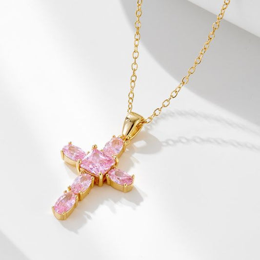 Pink CZ Cross Necklace in 925 Sterling Silver