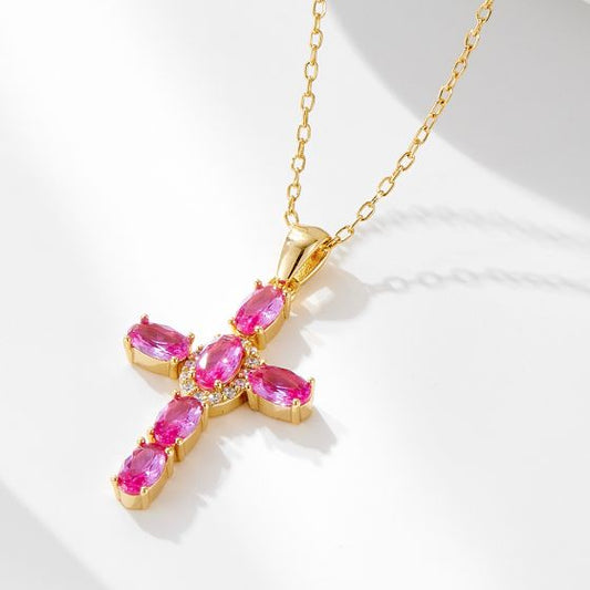 Rose Red CZ Cross Necklace in 925 Sterling Silver
