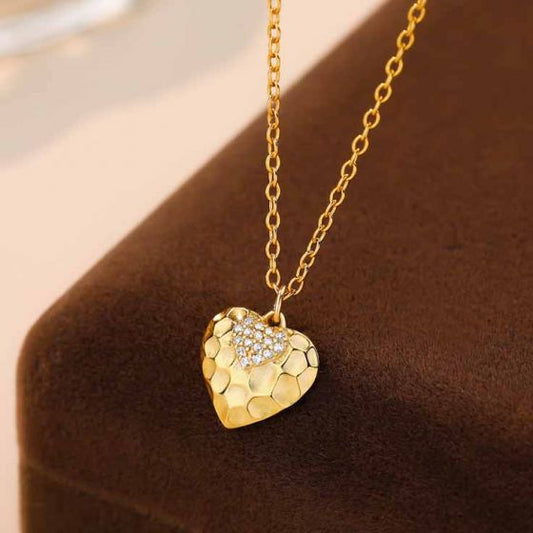 Hammer Pattern CZ Heart Necklace, 925 Sterling Silver