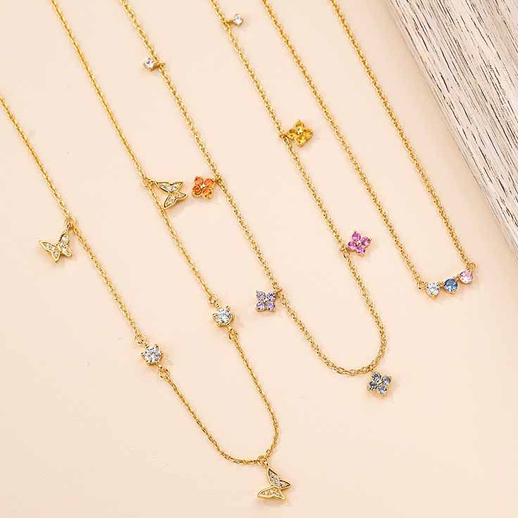 Colorful Crystal Four-Leaf Clover and Butterfly Necklace & Bracelet