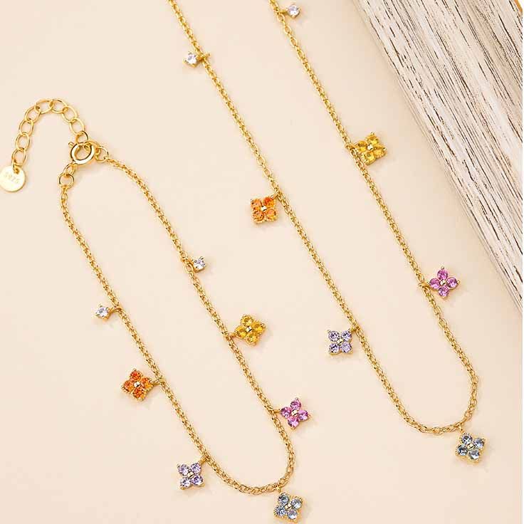 Colorful Crystal Four-Leaf Clover Necklace and Bracelet