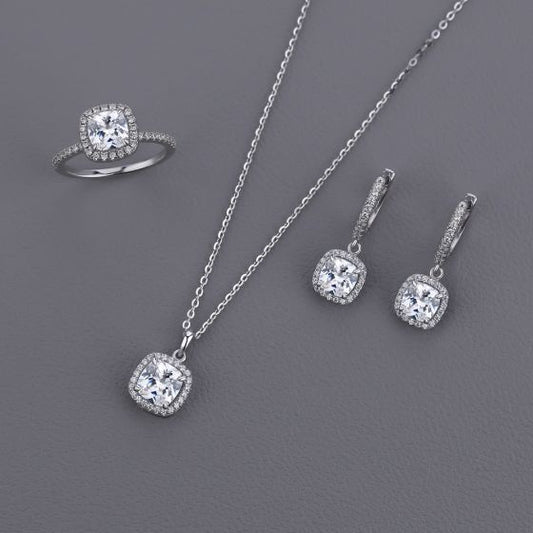 Geometry Classic Radiant Cubic Zirconia 925 Sterling Silver Set