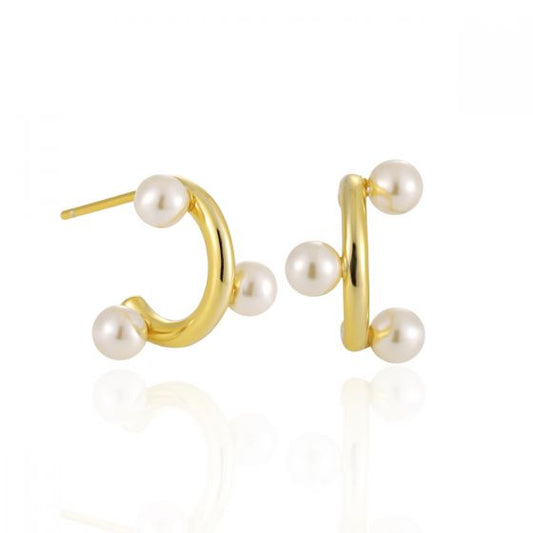 Round Shell Pearl C-Shape Hoop Earrings, 925 Sterling Silver