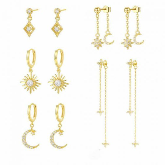 Gold CZ Crescent Moon and Star 925 Sterling Silver Dangling Earrings