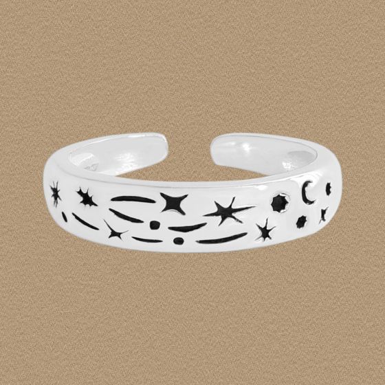 Black Star Moon Graffiti Adjustable 925 Sterling Silver Ring