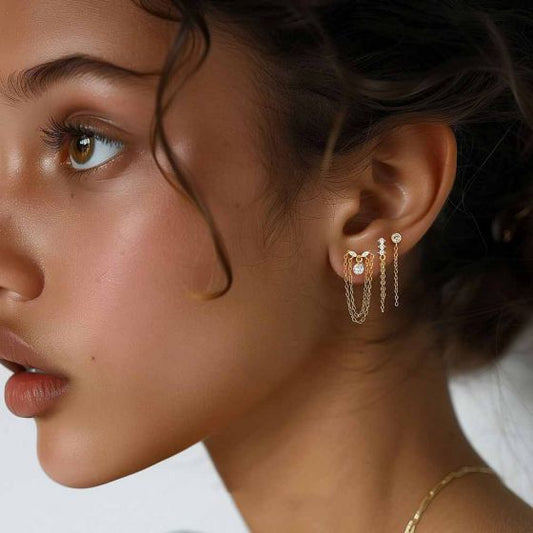 CZ Heart Moon Star Flower Tassel Stud Earrings