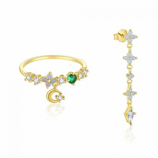 CZ Flower Crescent Moon Earring and Adjustable Open Ring, 925 Sterling Silver