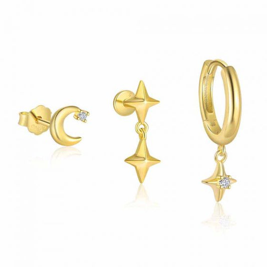 CZ Star and Crescent Moon Sterling Silver Earring (Single)