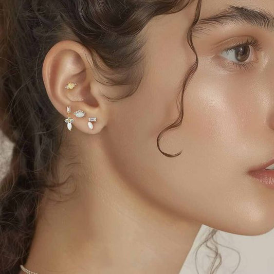 Oval Created Opal and CZ Sterling Silver Stud Drop Earring