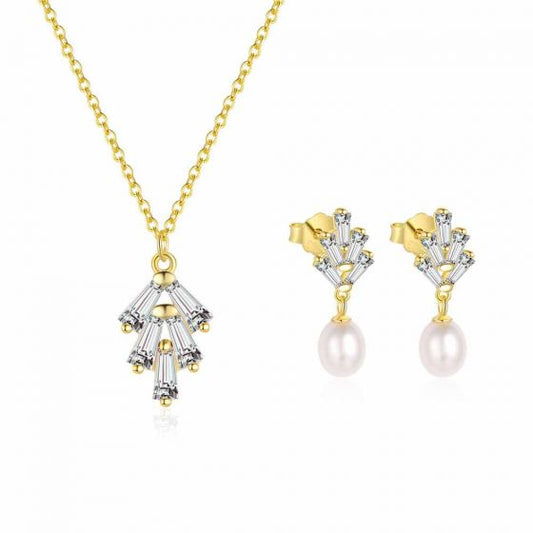 CZ Shell Pearl Christmas Tree Earrings and Necklace, 925 Sterling Silver