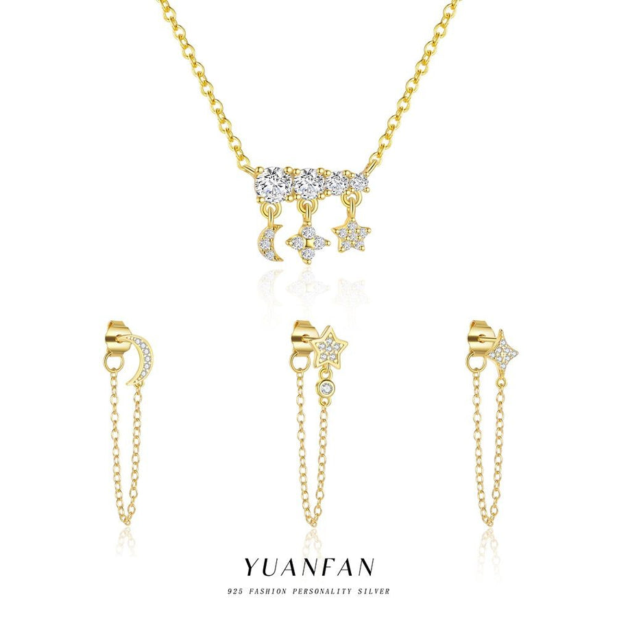 Crescent Moon and Star 925 Sterling Silver Necklace and Earrings