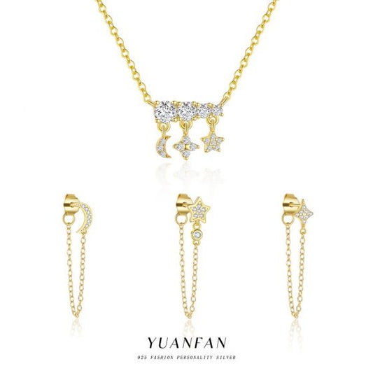 Crescent Moon and Star 925 Sterling Silver Necklace and Earrings