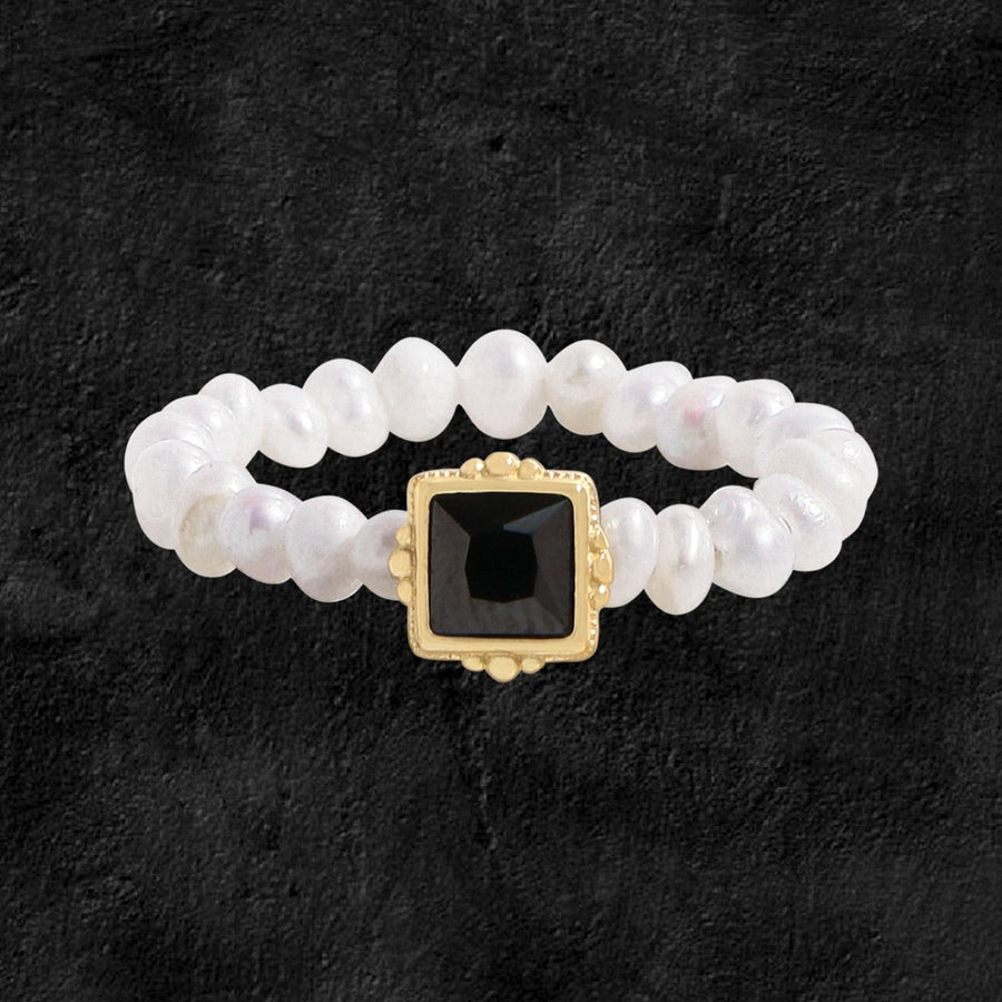 Black Square Cubic Zirconia and Pearl 925 Sterling Silver Ring