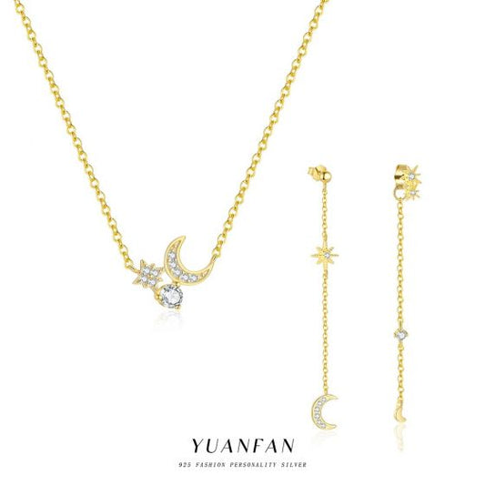 CZ Crescent Moon and Star Necklace, 925 Sterling Silver