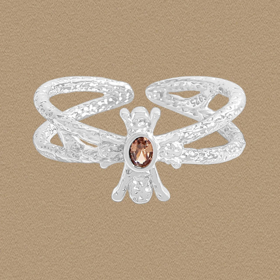 Double-Layer Brown Oval Crystal 925 Sterling Silver Adjustable Ring