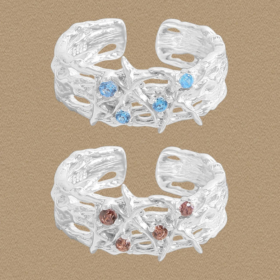 Double Layer Crystal Starfish Adjustable Ring